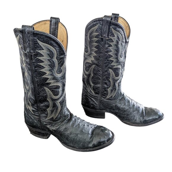 Vintage Tony Lama Black Leather & Ostrich Western Cowboy Boots - Size 10 D